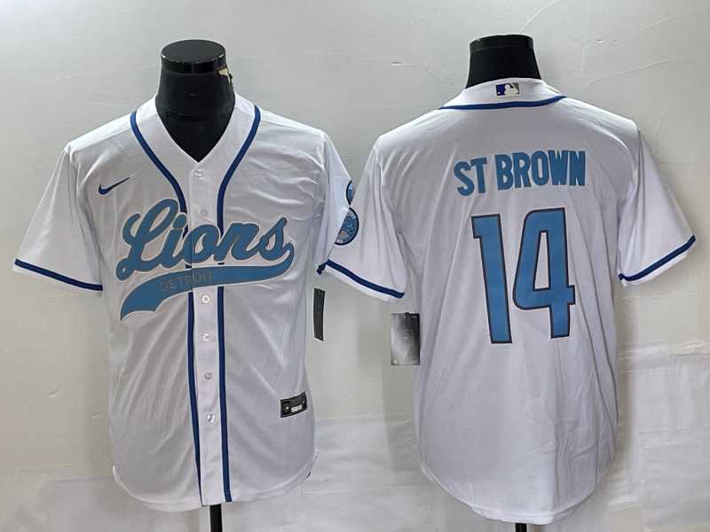 Men%27s Detroit Lions #14 Amon Ra St Brown White With Patch Cool Base Stitched Baseball Jersey->detroit lions->NFL Jersey